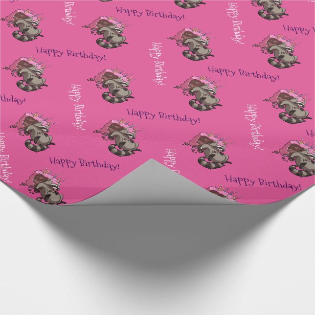 Happy Birthday! Greedy Racoon Cake Cartoon Wrapping Paper (Corner)