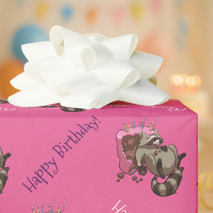 Happy Birthday! Greedy Racoon Cake Cartoon Wrapping Paper