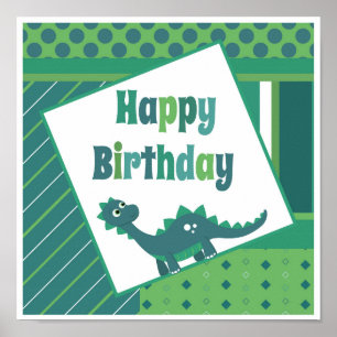 Happy birthday green/ blue dinosaur poster. poster