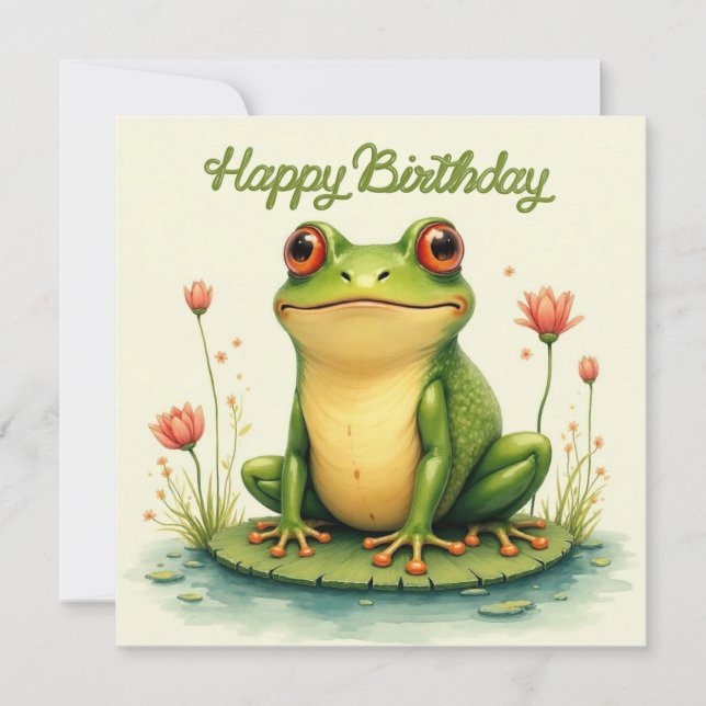 Happy Birthday Green Frog and Flowers  Card (Front)