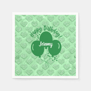 Happy Birthday Green Hearts Balloons Personalised Napkin
