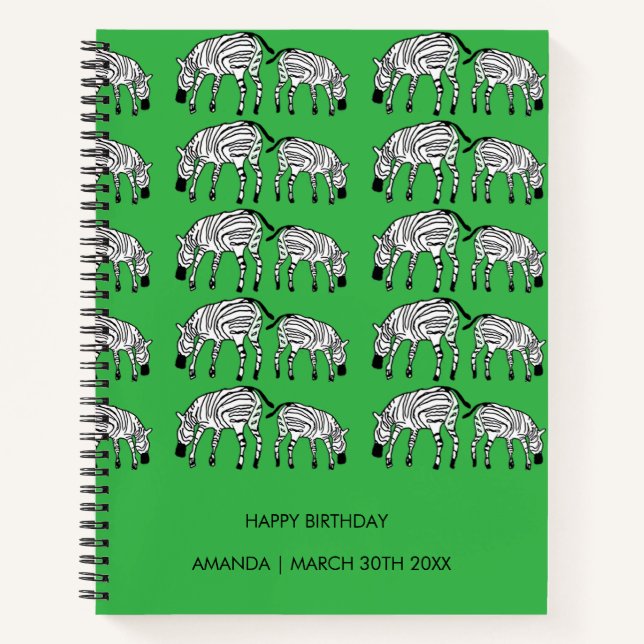 Happy Birthday, Green, Kenyan Zebras Pattern Notebook (Front)