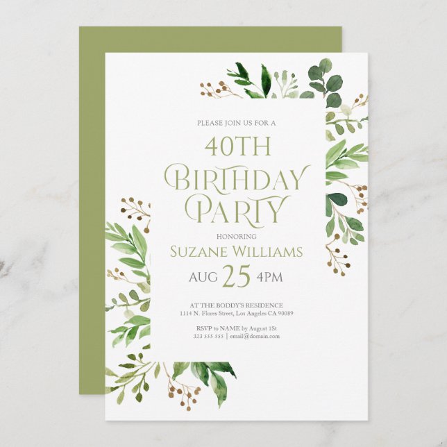 happy Birthday green leaves frame Invitation (Front/Back)