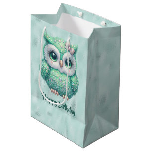 Happy Birthday Green Owl on Green Medium Gift Bag