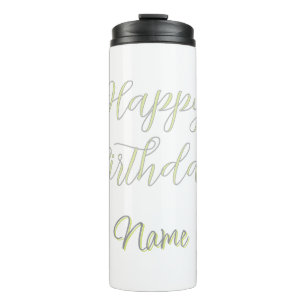 Happy birthday green pastel grey name date modern thermal tumbler