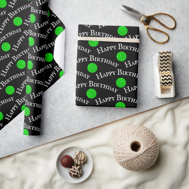Happy Birthday Green Pickleballs On Black Wrapping Paper (Crafts)