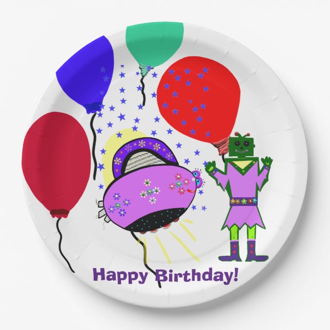 Happy Birthday Green Robot Pink Purple Spaceship Paper Plate (Front)