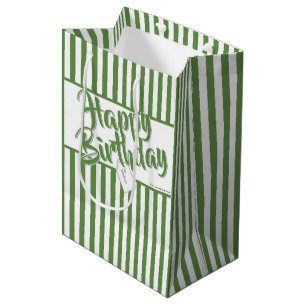 Happy Birthday Green/White Simple Stripes Pattern Medium Gift Bag