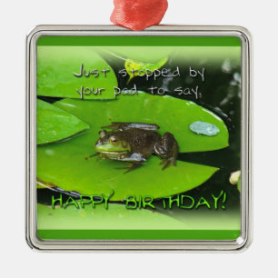 Happy Birthday Greeting - Bullfrog on Lily Pad Metal Tree Decoration