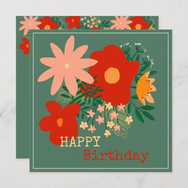 HAPPY Birthday greeting card original flowe turquo (Front/Back)