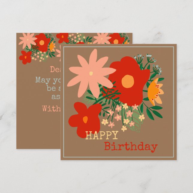 HAPPY Birthday greeting card original flower beige (Front/Back)