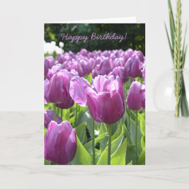 Happy Birthday Greeting Card Purple Tulips (Front)