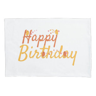 Happy Birthday Greeting With Cute Birds and Flower Pillowcase