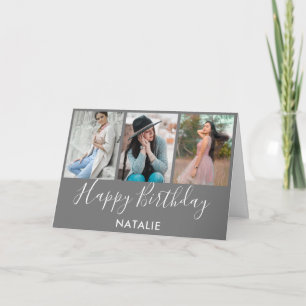 Happy Birthday Grey and White 3 Photo Collage Card