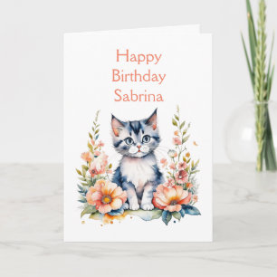 Happy Birthday   Grey Kitten Personalised Card
