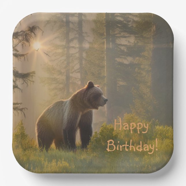 Happy Birthday Grizzly Bear Paper Plate (Front)