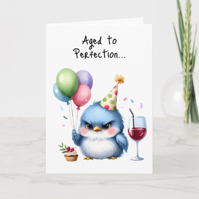 Happy Birthday Grumpy Bird Cupcake Balloons Wine Card (Front)