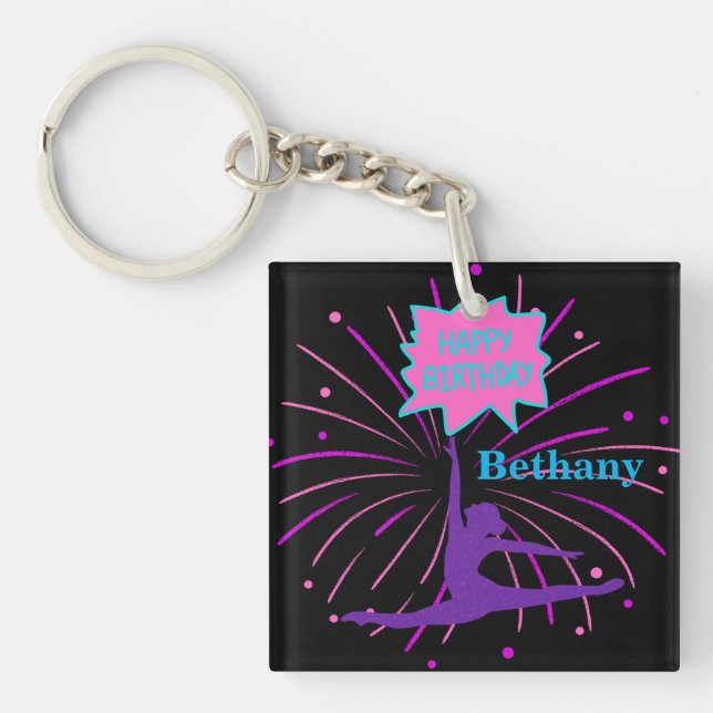 Happy Birthday Gymnastics Personalised Key Ring (Front)
