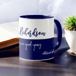 Happy Birthday half-navy half-white mug<br><div class="desc">A modern navy blue and white coffee-mug personalised with your own special name and message</div>