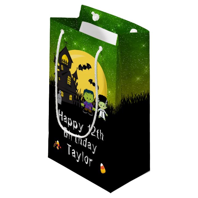 Happy Birthday Halloween Monsters Green Small Gift Bag (Front Angled)
