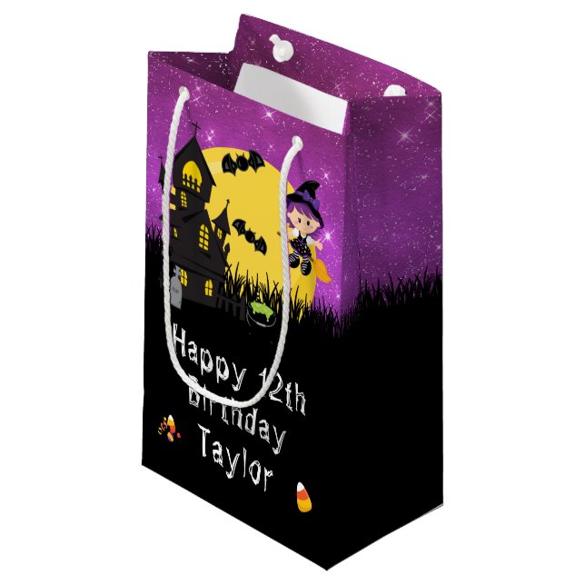 Happy Birthday Halloween Witch Purple Small Gift Bag (Front Angled)
