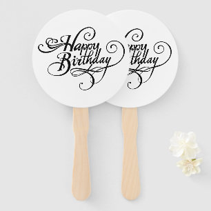 Happy Birthday, Hand Fans, Round, White, Assembled Fan