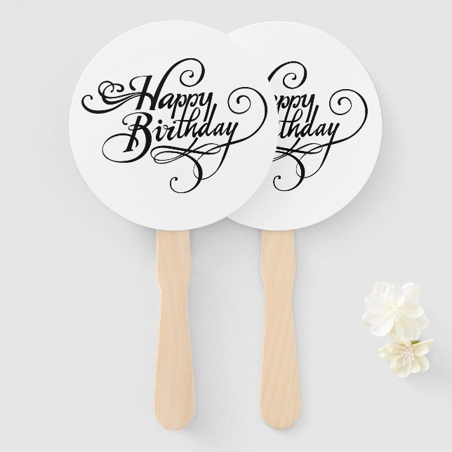 Happy Birthday, Hand Fans, Round, White, Assembled Fan (Front and Back)