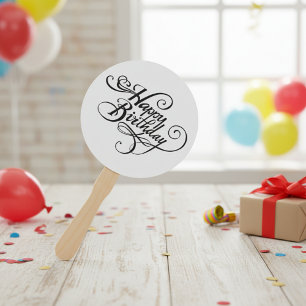 Happy Birthday, Hand Fans, Round, White, Assembled Hand Fan