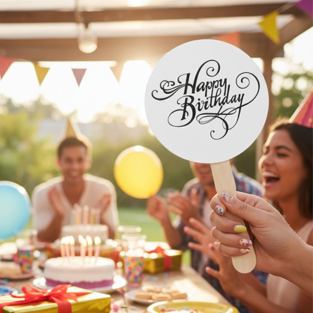 Happy Birthday, Hand Fans, Round, White, Assembled Hand Fan (Happy Birthday Hand Fan)