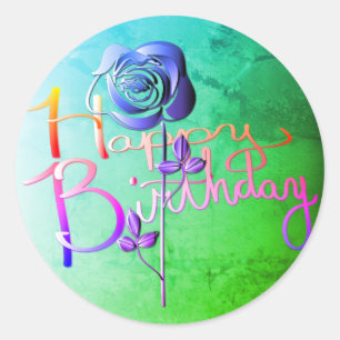 "Happy Birthday!" Hand-written Colourful 3D Rose Classic Round Sticker