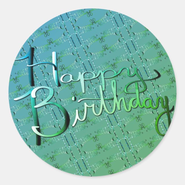 "Happy Birthday!" Hand-written Gradient Green Classic Round Sticker (Front)