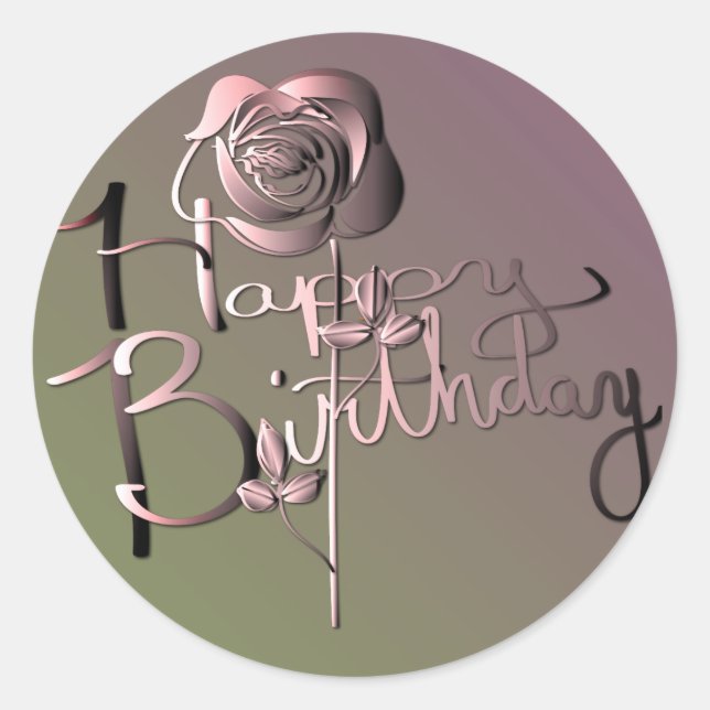 "Happy Birthday!" Hand-written Gradient w Rose Classic Round Sticker (Front)