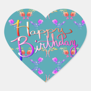 "Happy Birthday!"Hand-written Rose Hearts Heart Sticker