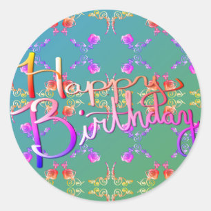 "Happy Birthday!"Hand-written Rose Hearts Teal Classic Round Sticker