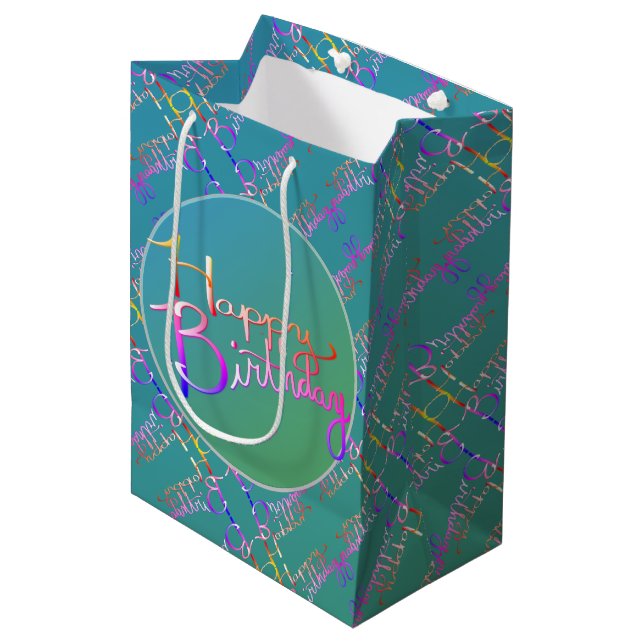 "Happy Birthday" Hand Written Teal Gift Bag (Front Angled)