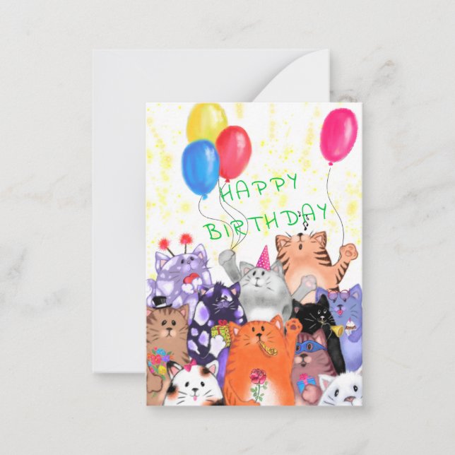 Happy Birthday - Happy Cat Party Cartoon Drawing Card (Front)