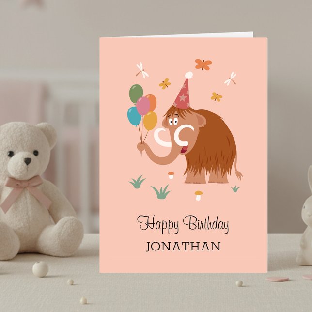 Happy Birthday Hat Cartoon Cute Mammoth Balloons Card (Creator Uploaded)