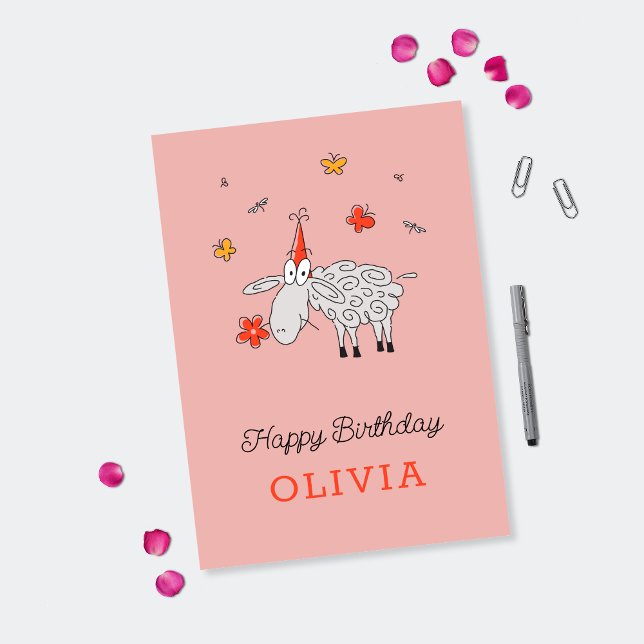 Happy Birthday Hat Cute Cartoon Sheep Flower Card (Creator Uploaded)