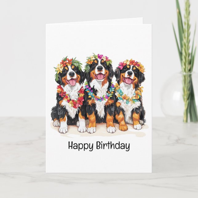 Happy Birthday Hawaiian Bernese Mountain Dogs Card (Front)