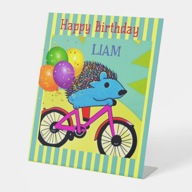 Happy Birthday Hedgehog Riding Bicycle Balloons    Pedestal Sign (Front)