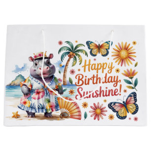 Happy Birthday Hippo at beach Large Gift Bag
