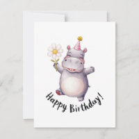 Happy Birthday Hippo with Daisy and Party Hat