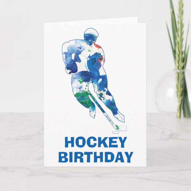 Happy Birthday Hockey Player Watercolor Card (Front)