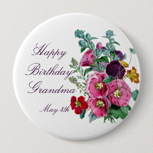 Happy Birthday Hollyhocks   10 Cm Round Badge