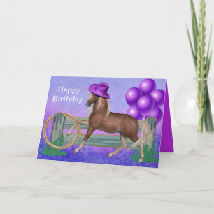 Happy Birthday Horse With  Purple Hat and Balloons Card
