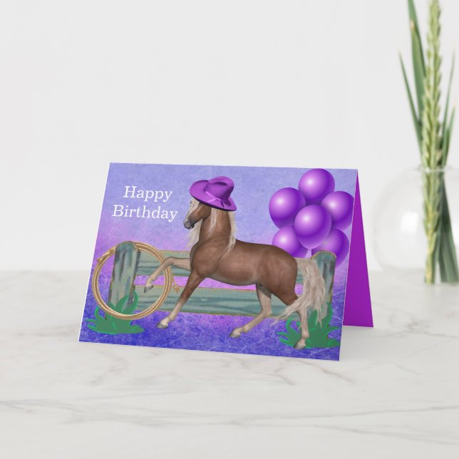 Happy Birthday Horse With  Purple Hat and Balloons Card (Front)