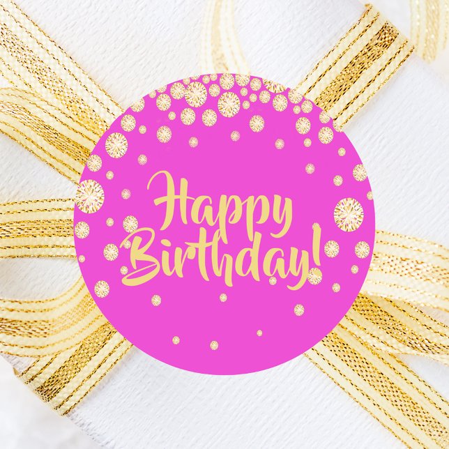 Happy Birthday hot pink gold diamonds Classic Round Sticker (Creator Uploaded)
