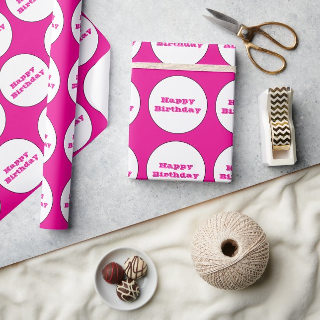Happy Birthday Hot Pink White Polka Dots Cute Wrapping Paper (Crafts)
