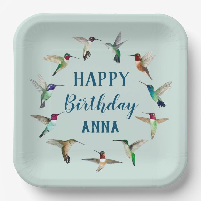 Happy Birthday Hummingbirds Custom Paper Plates (Front)