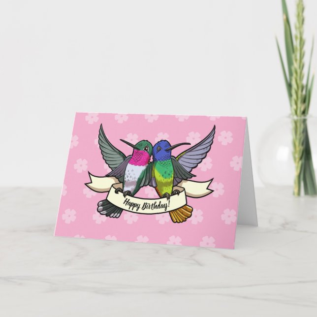 Happy Birthday! Hummingbirds With Ribbon Cartoon Card (Front)